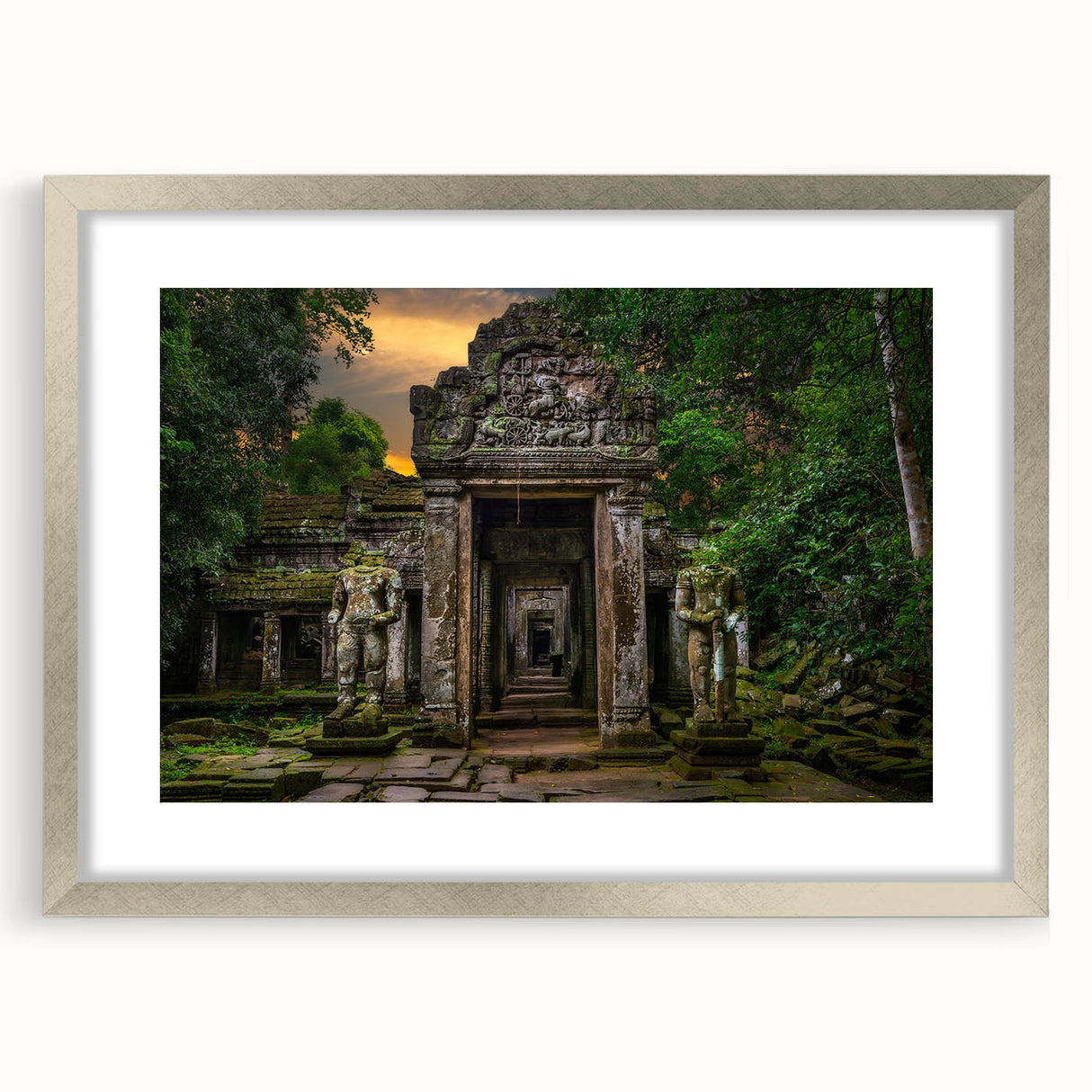 Textured art print of ancient ruins in muted earth tones, framed in silver, ideal for bedroom art.