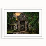 Abstract art print of ancient ruins in muted earth tones on a white framed canvas, suitable for dining room decor.