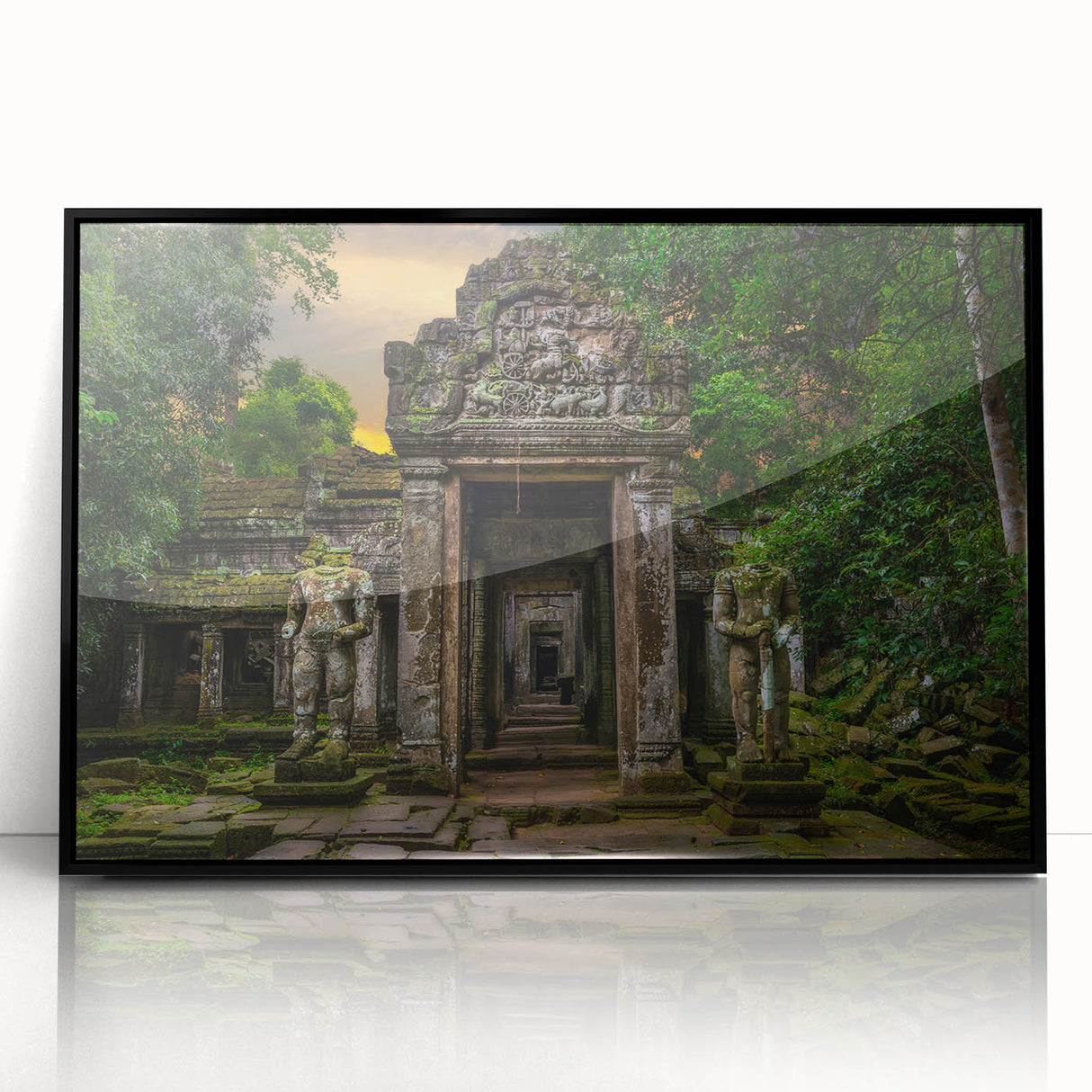Large abstract wall art of ancient ruins in muted earth tones, framed acrylic, ideal for a modern living room.