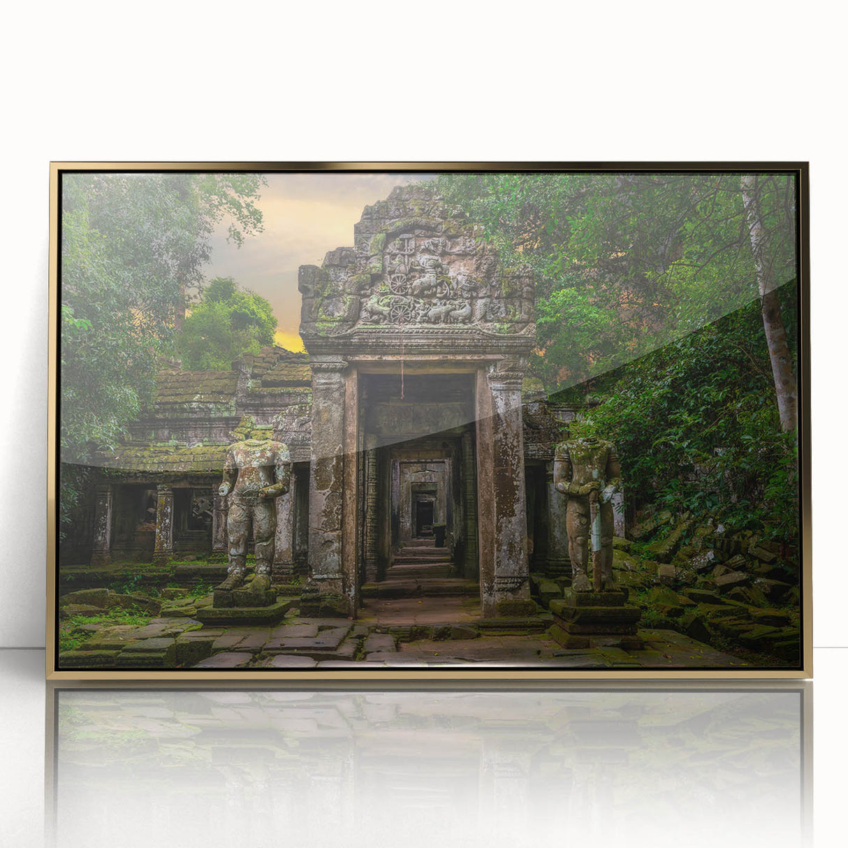 Acrylic print of ancient ruins in gold frame, mid-century modernist style, suitable for modern art wall decor.