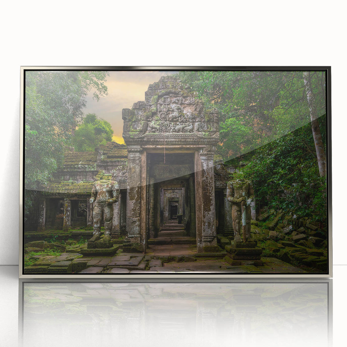 Mid-century modernist acrylic print of ancient ruins in muted earth tones, framed in silver, suitable as nursery wall art.