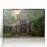Mid-century modernist acrylic print of ancient ruins in muted earth tones, framed in silver, suitable as nursery wall art.