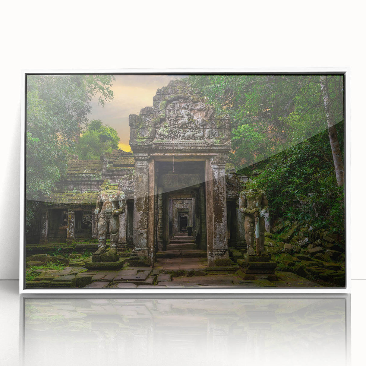 Art deco poster of ancient ruins in muted beige and white tones, acrylic framed.