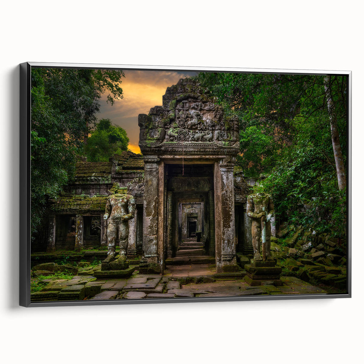 Black and white framed canvas of ancient ruins in a vintage poster style, ideal for bedroom wall decor.