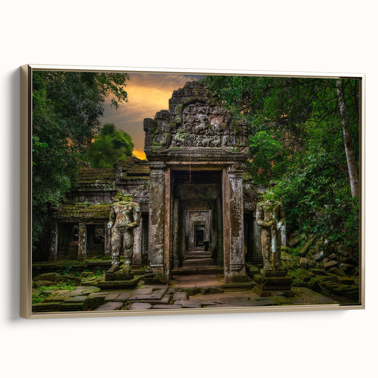 Framed canvas featuring vintage poster art of ancient ruins in black and gold, ideal for bedroom wall decor.