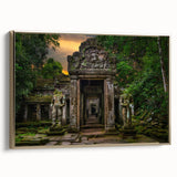 Framed canvas featuring vintage poster art of ancient ruins in black and gold, ideal for bedroom wall decor.