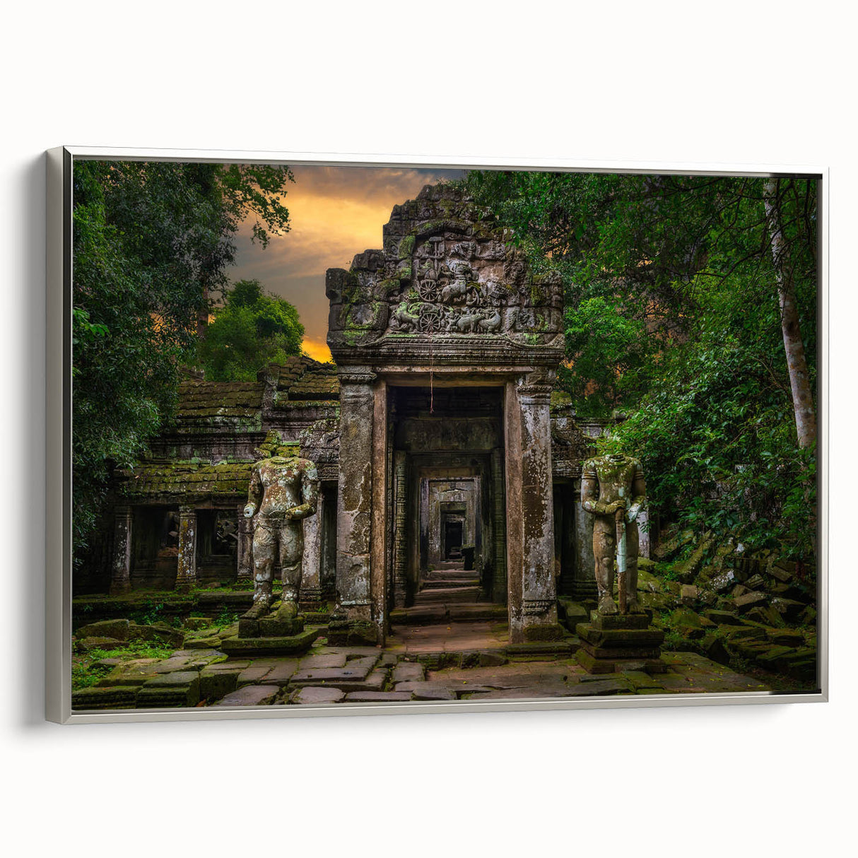 Framed canvas of ancient ruins in a landscape art painting, blending muted earth tones, ideal for a study or office wall.