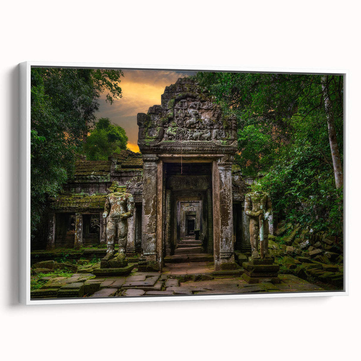 Framed canvas vintage poster art of ancient ruins in muted earth tones, ideal for living room decor.