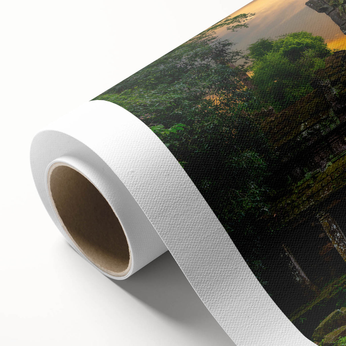 Art deco poster of ancient architectural ruins in muted earth tones on rolled canvas.