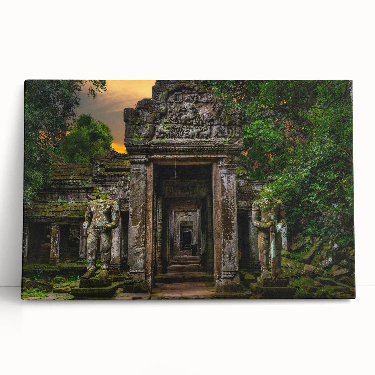 Black and white print of ancient ruins on stretched canvas, ideal for kitchen wall art or bedroom ambiance.