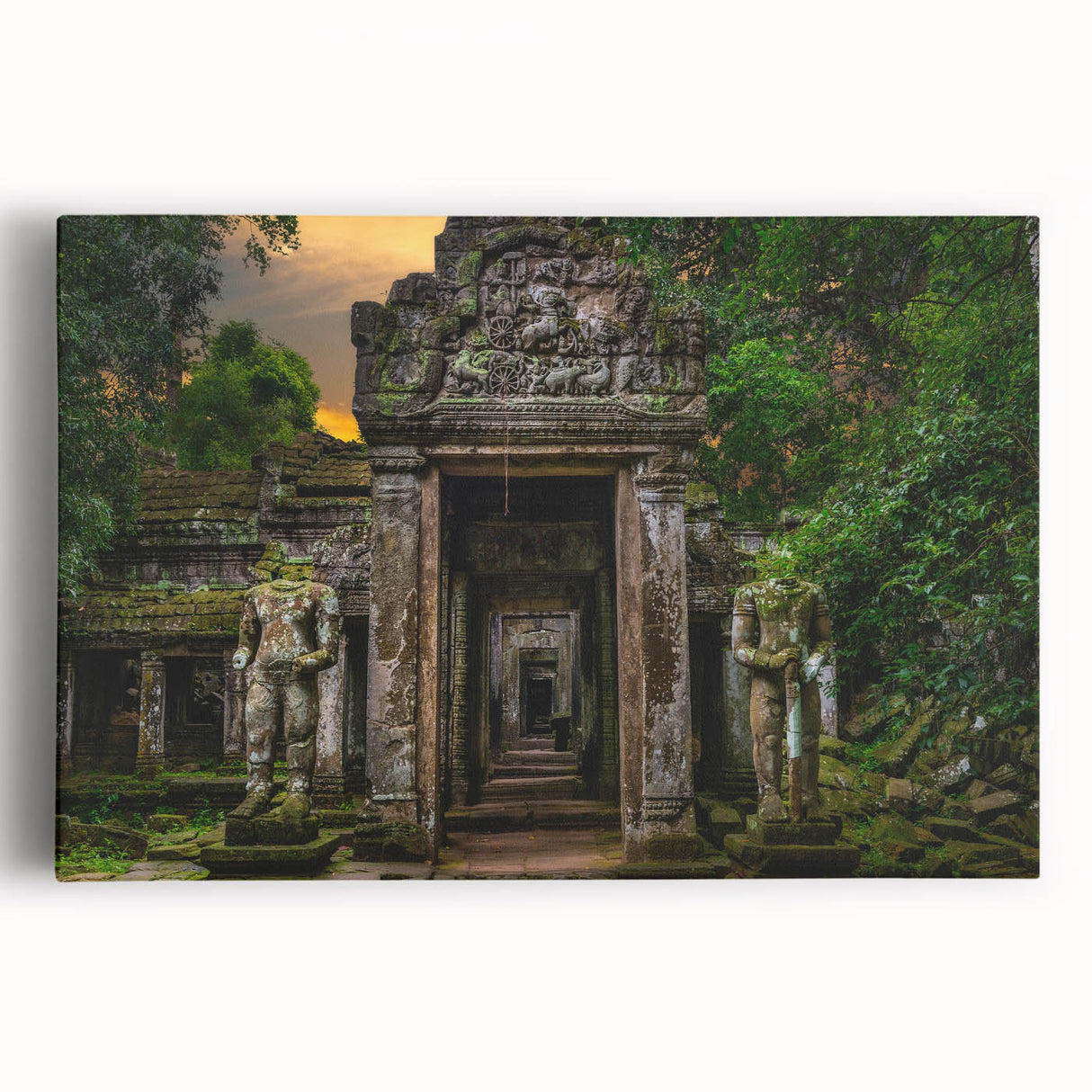 Black and white photograph of ancient ruins on stretched canvas, ideal for kitchen wall art.