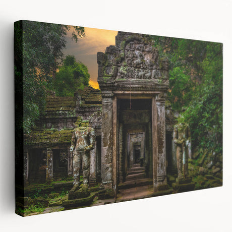 Large art print of ancient ruins in muted earth tones on stretched canvas, suitable for kitchen wall decor.