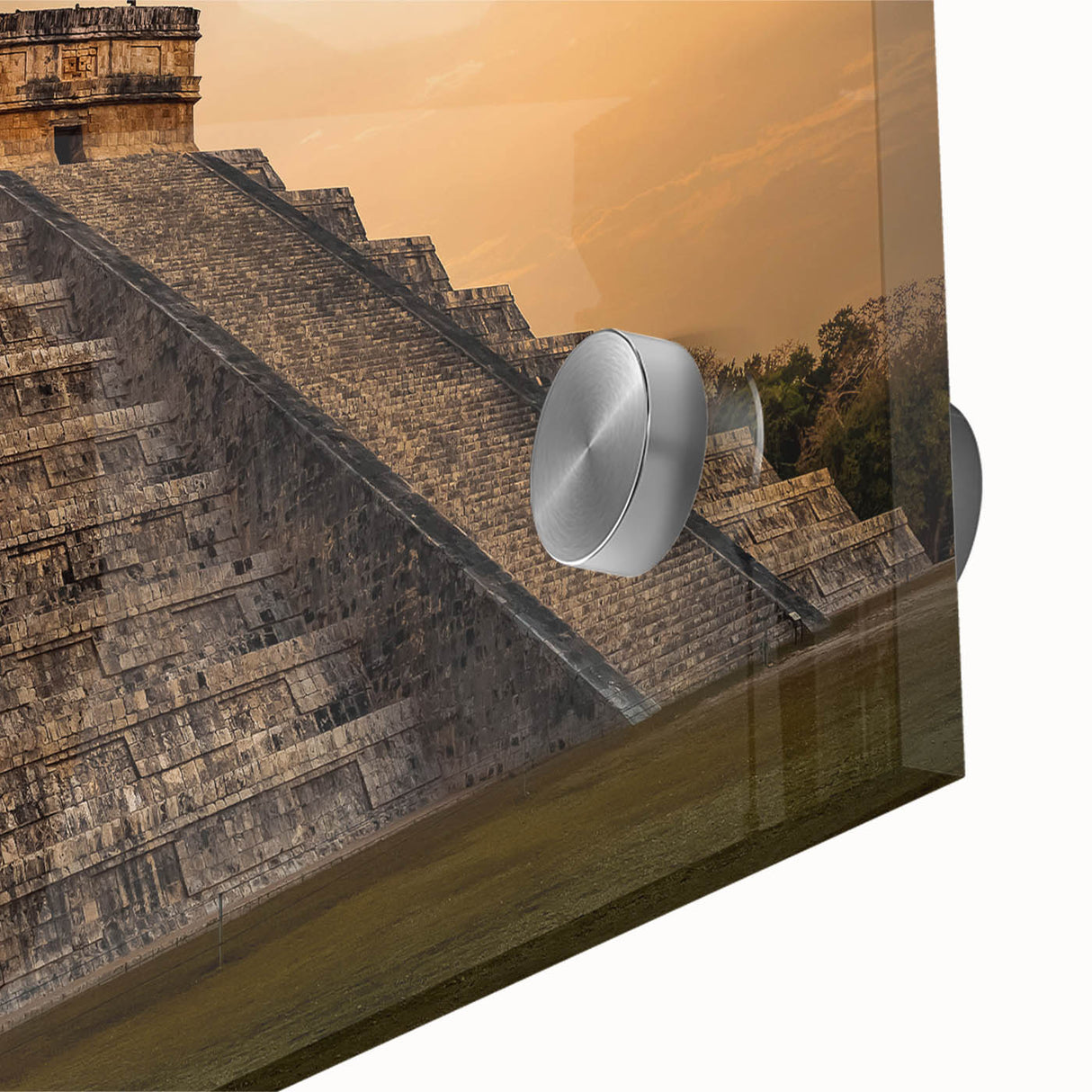 Mid-century modernist acrylic print of ancient ruins in muted earth tones, ideal for dining room art.