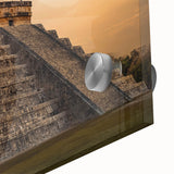 Mid-century modernist acrylic print of ancient ruins in muted earth tones, ideal for dining room art.
