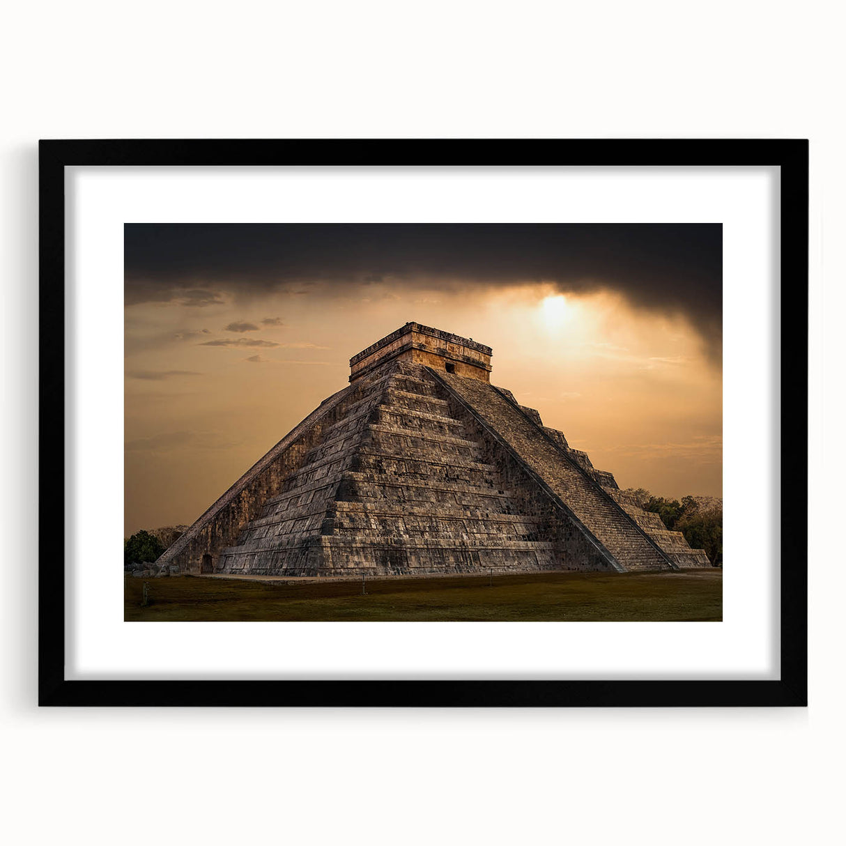 Extra large abstract art print of ancient ruins in vibrant, colorful textures on a black framed canvas.