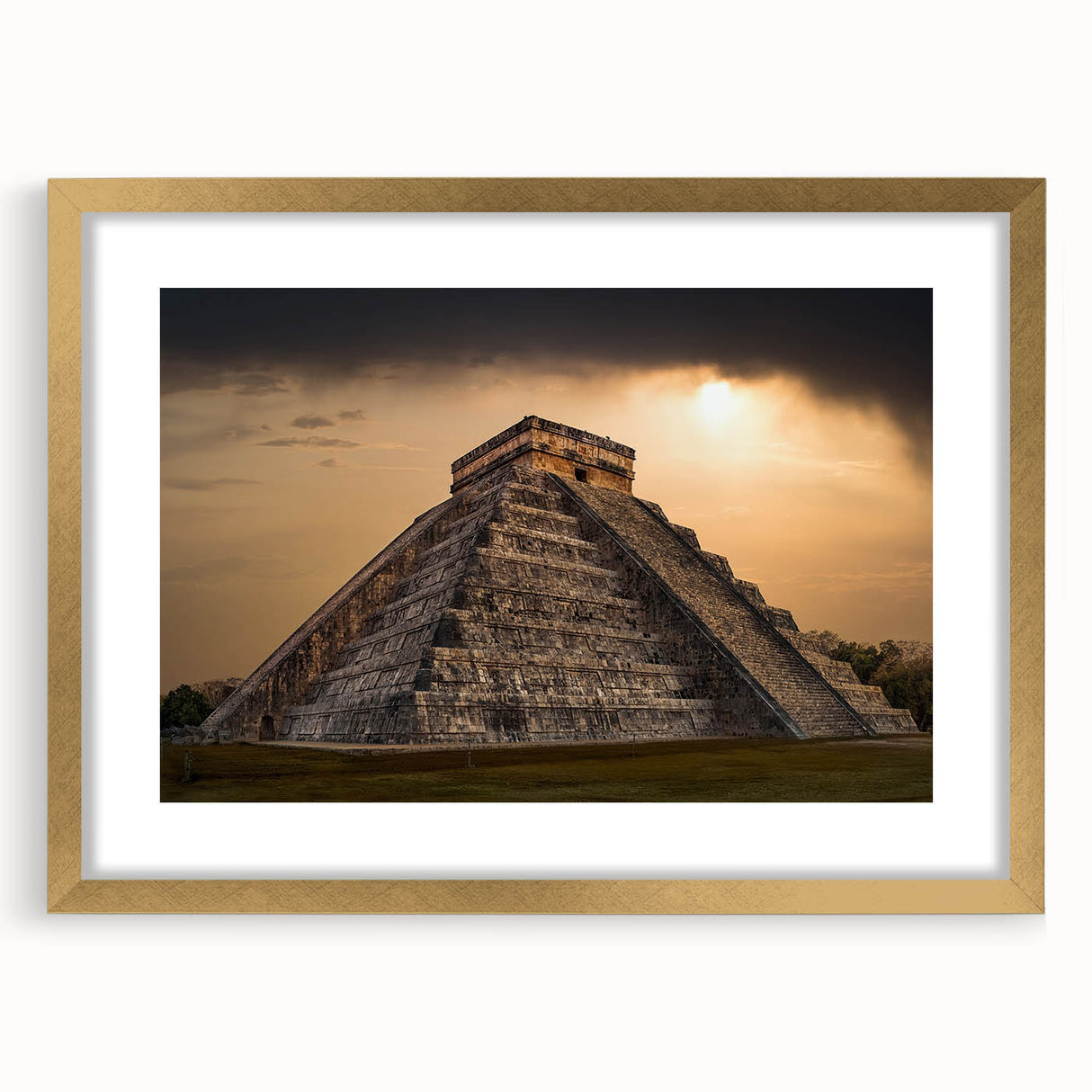 Extra large wall art featuring abstract art prints of ancient ruins in textured gold tones, framed.
