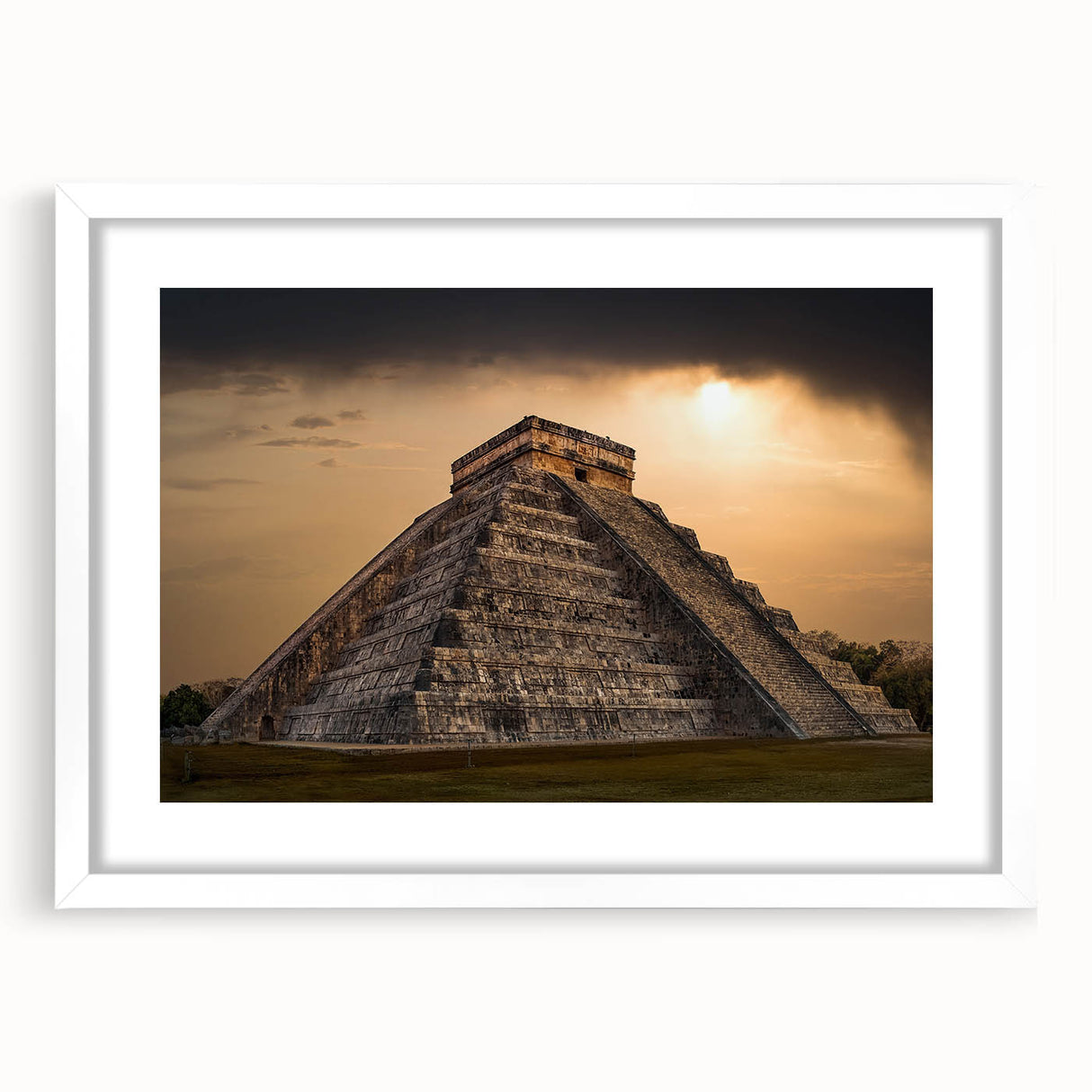 Abstract art print of ancient ruins in muted earth tones on a white framed canvas, suitable for dining room decor.