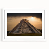 Abstract art print of ancient ruins in muted earth tones on a white framed canvas, suitable for dining room decor.