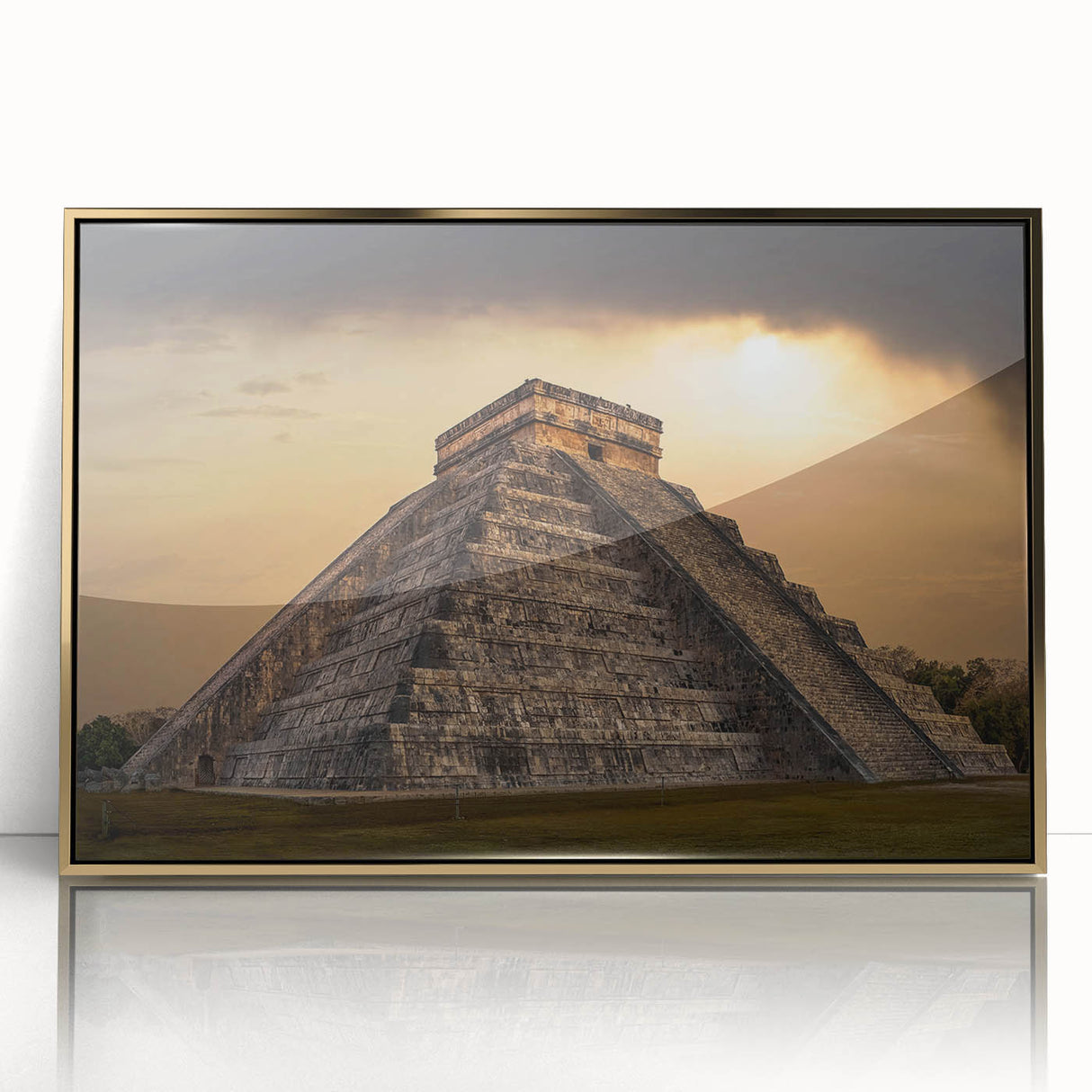 Acrylic print of ancient ruins in gold frame, featuring mid-century modernist style, ideal for modern art wall decor.