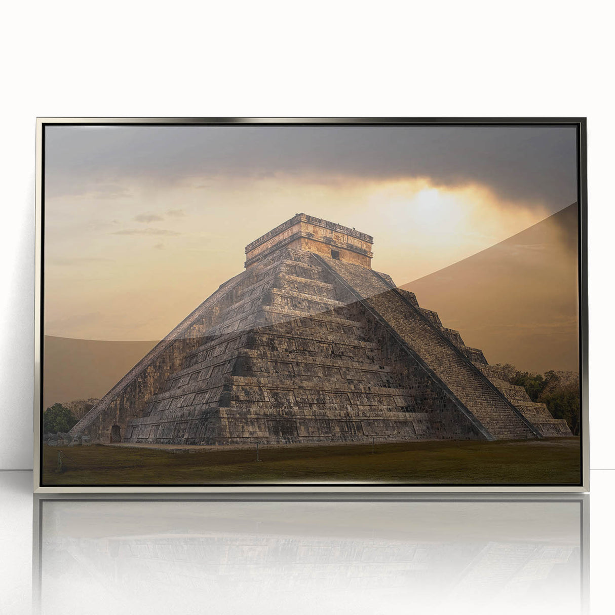 Mid-century modernist art depicting ancient ruins in muted earth tones on a silver-framed acrylic print.