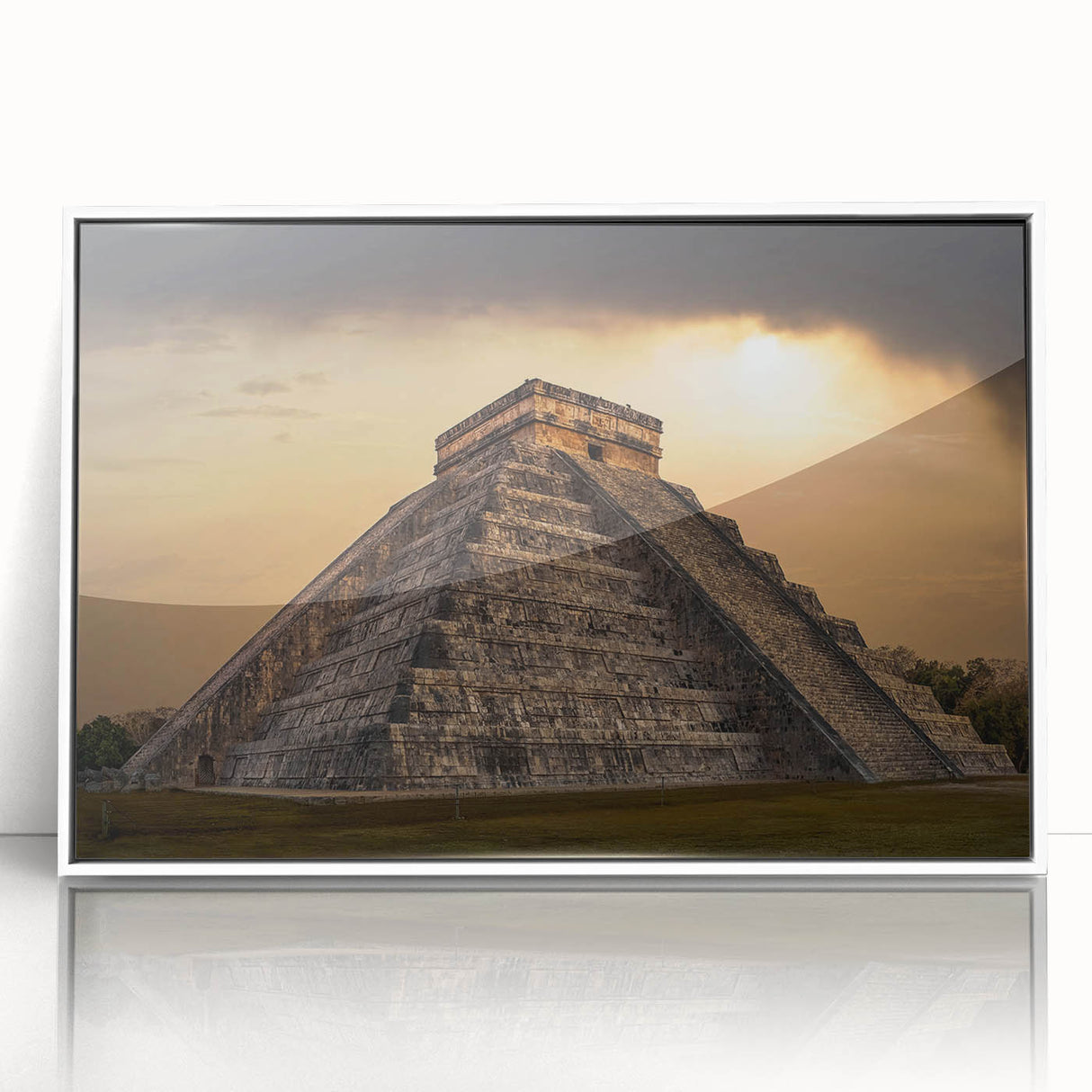 Art deco poster of ancient ruins in muted beige and gray tones, acrylic print framed in white, suitable for nursery wall art.