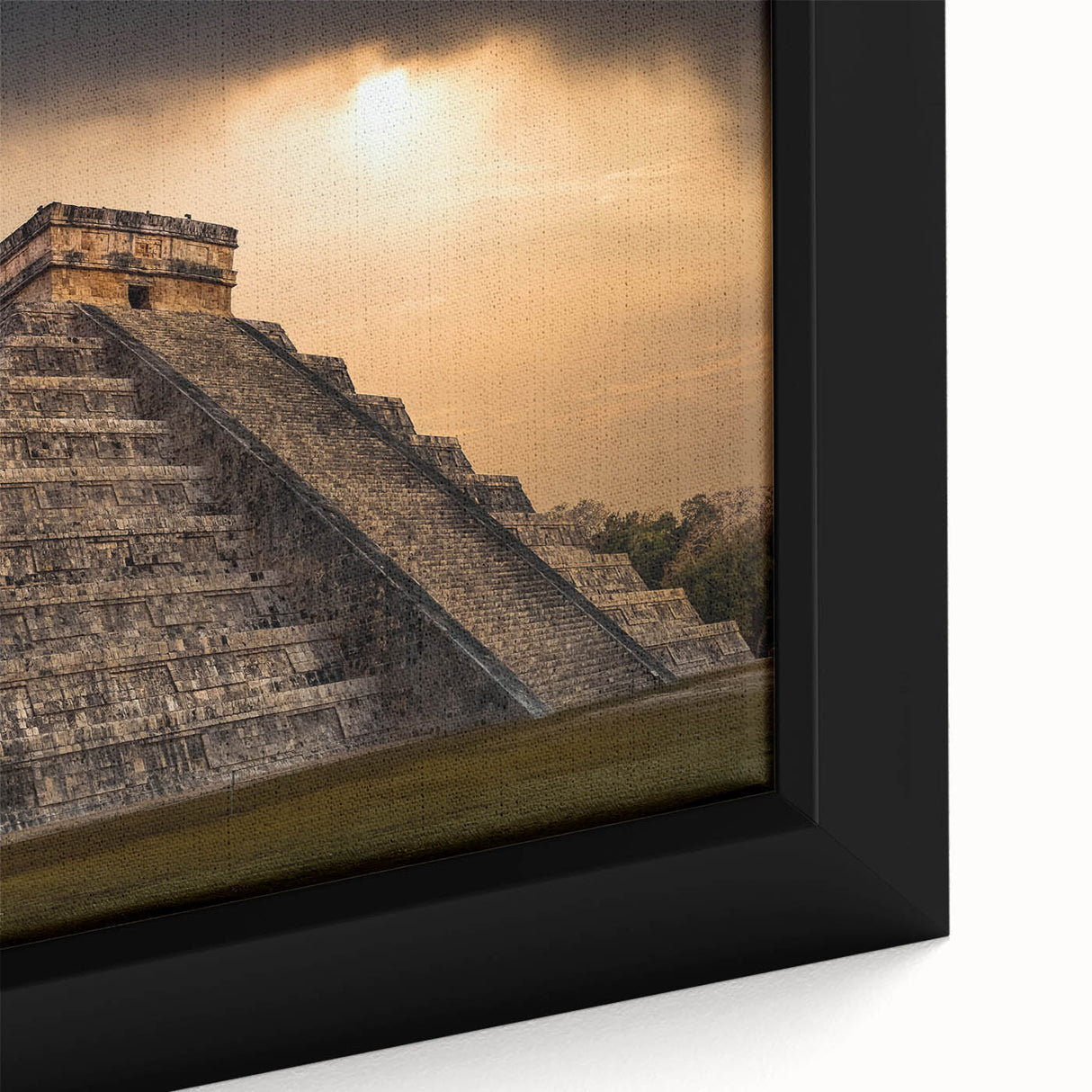 Framed canvas featuring a close-up of ancient ruins in textured black with colorful accents.