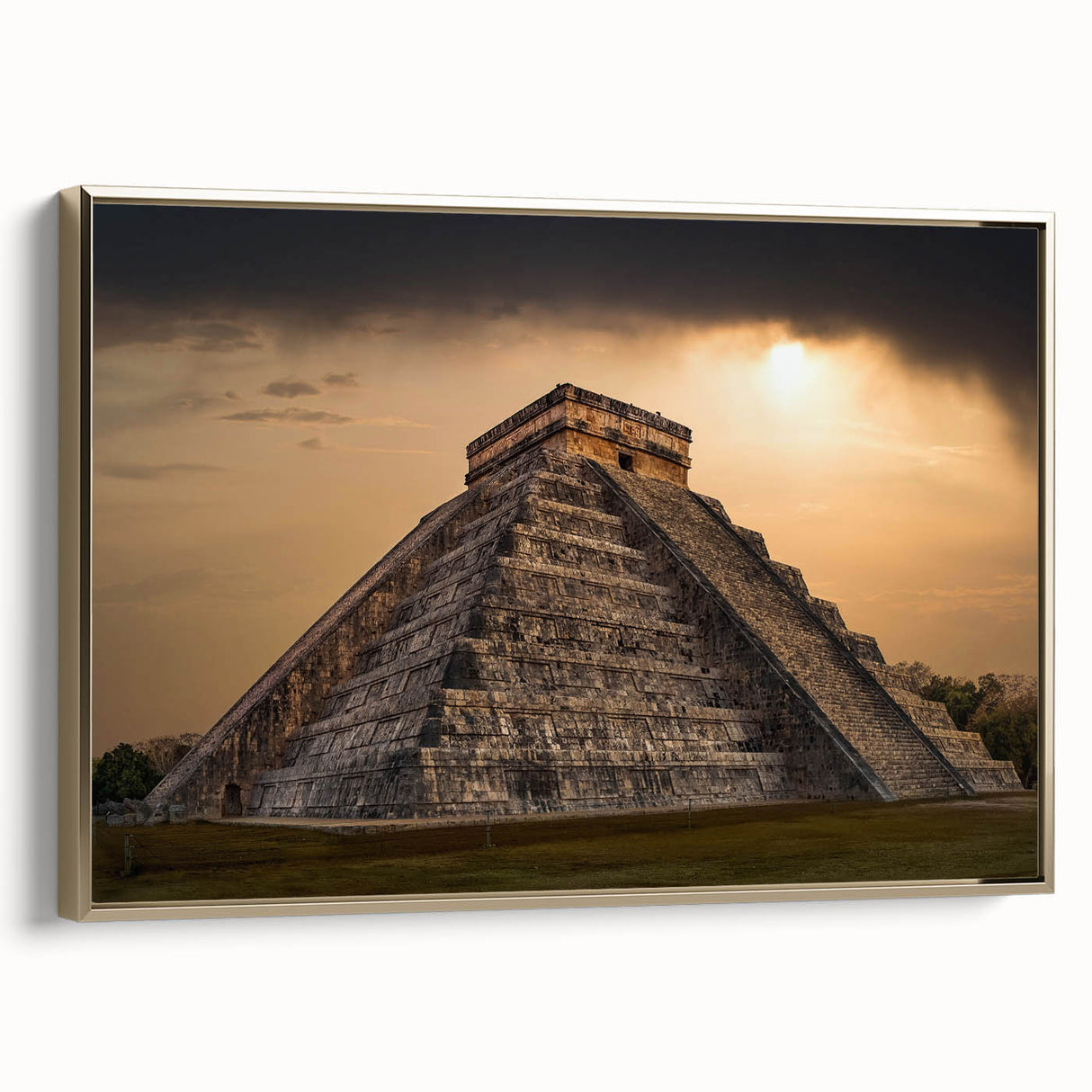Framed canvas depicting ancient ruins in muted earth tones, ideal for bedroom wall art.