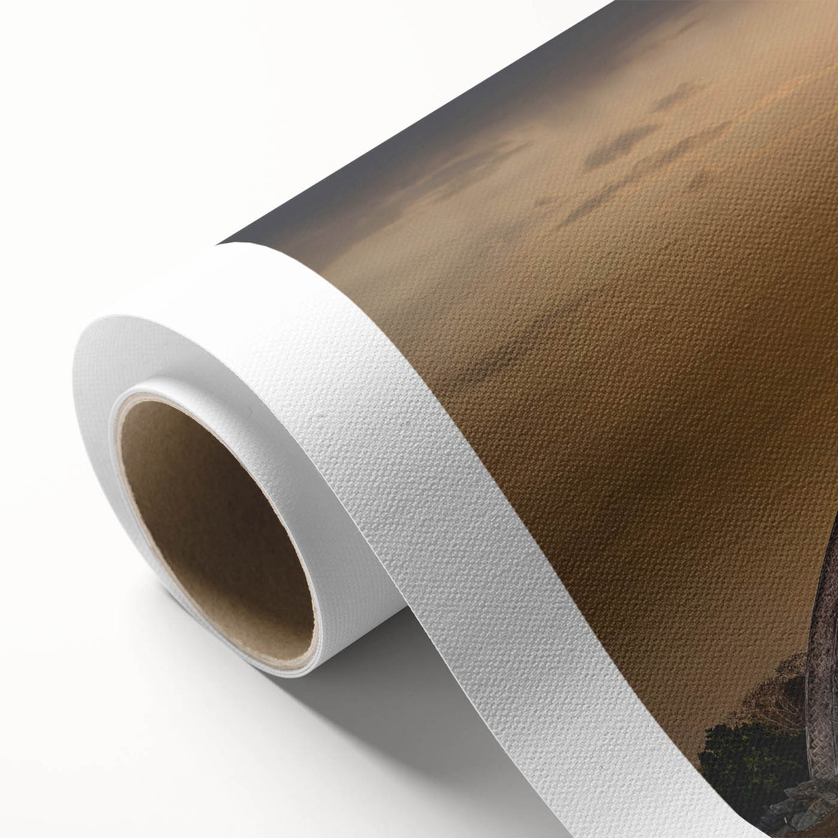 Art deco poster of ancient ruins in muted earth tones on rolled canvas, ideal for nursery wall art or dining room decor.