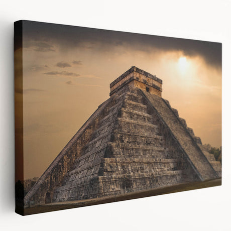 Side view of a stretched canvas featuring ancient ruins architecture in muted earth tones, ideal for kitchen wall art.