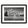 Extra large abstract art print of colorful ancient ruins on textured canvas, framed in black, suitable for living room decor.