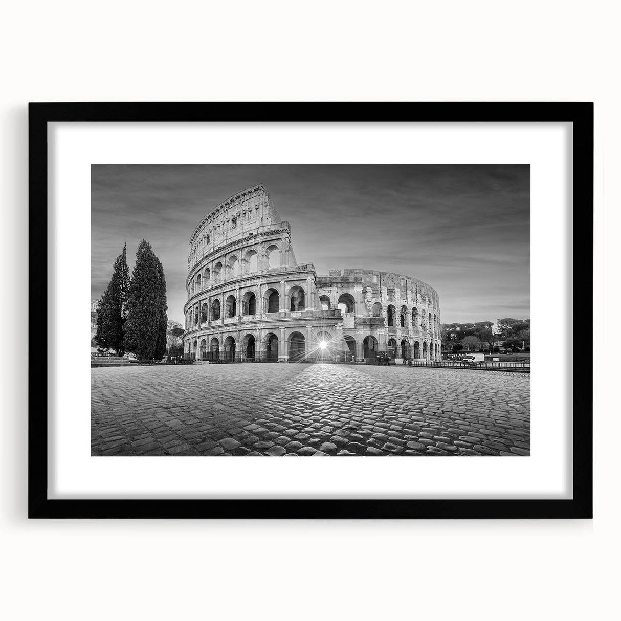 Extra large abstract art print of colorful ancient ruins on textured canvas, framed in black, suitable for living room decor.