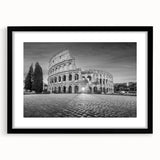 Extra large abstract art print of colorful ancient ruins on textured canvas, framed in black, suitable for living room decor.