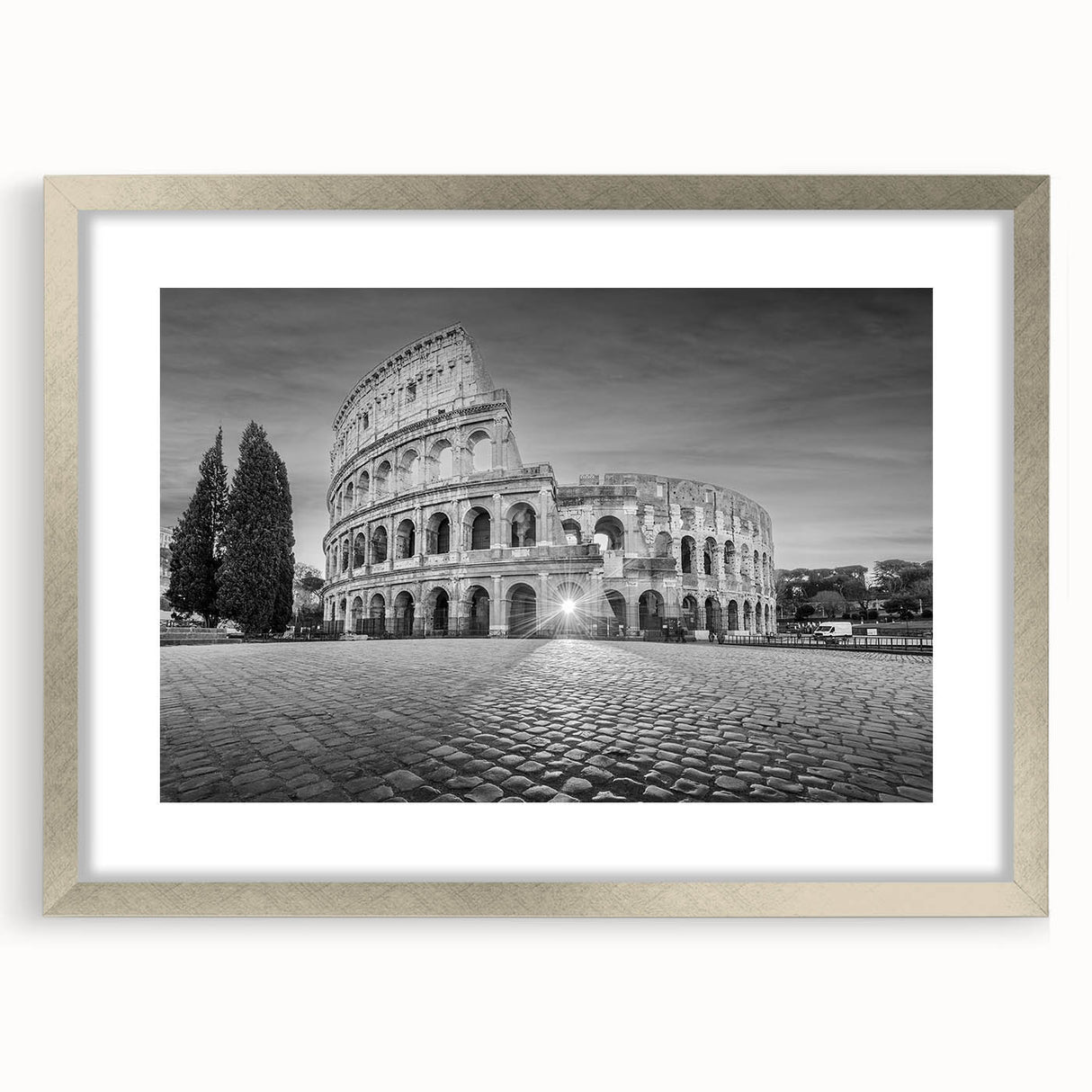 Textured art print of ancient ruins in muted earth tones on a framed silver mat, ideal for bedroom decor.