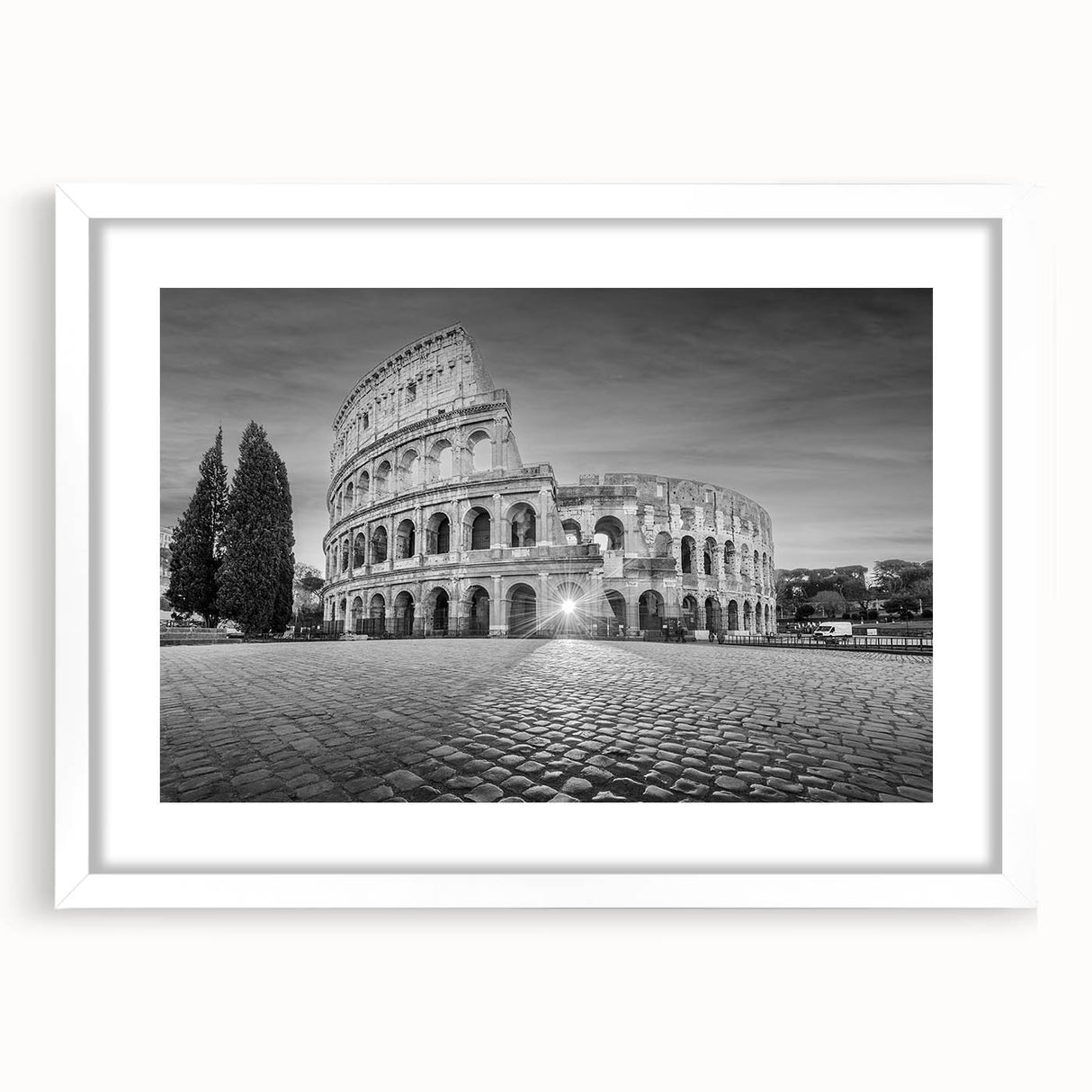 Abstract art print of ancient ruins in muted earth tones on a framed white mat, ideal for dining room decor.