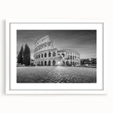 Abstract art print of ancient ruins in muted earth tones on a framed white mat, ideal for dining room decor.