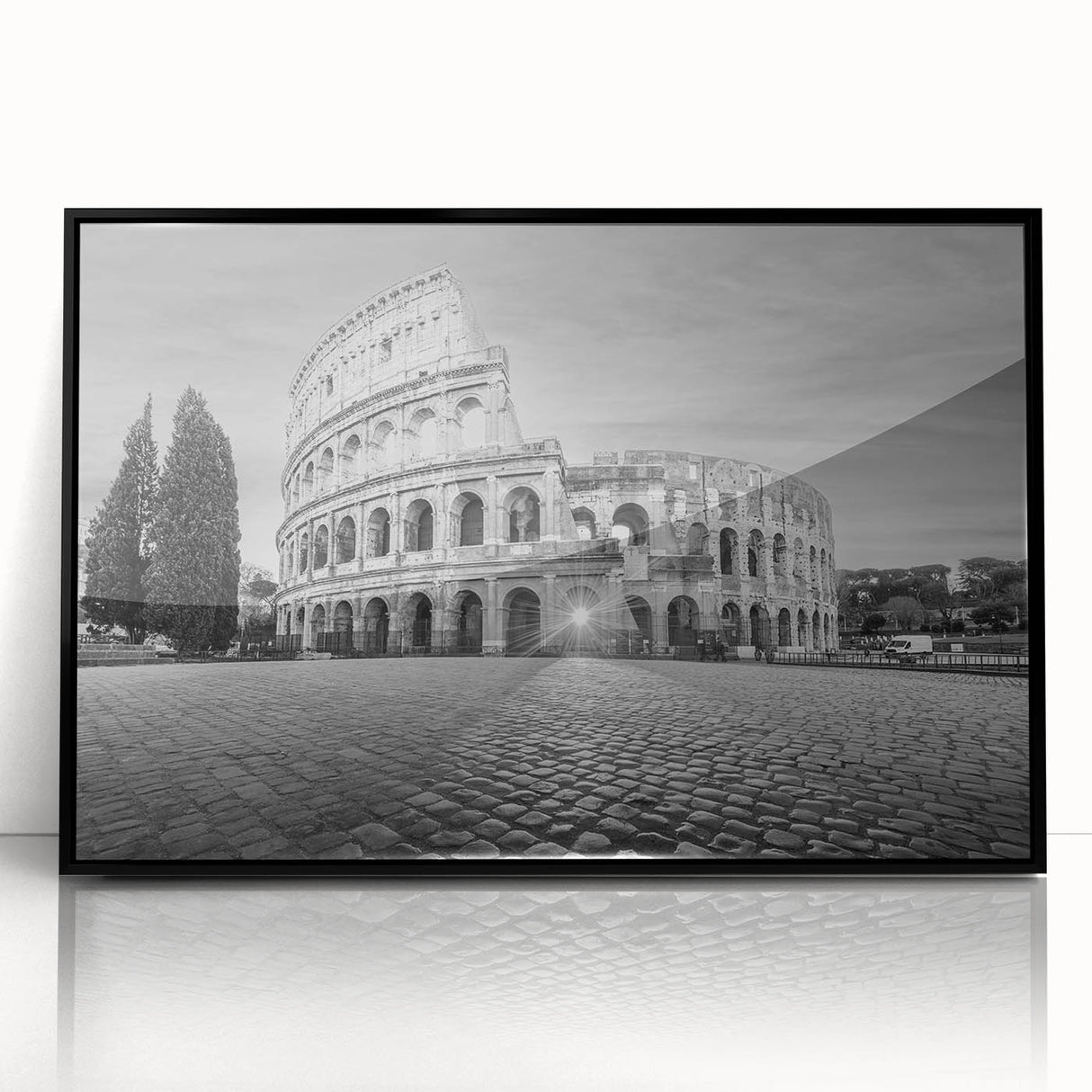 Large abstract wall art of ancient ruins in black and white, framed acrylic, ideal for modern art wall decor.