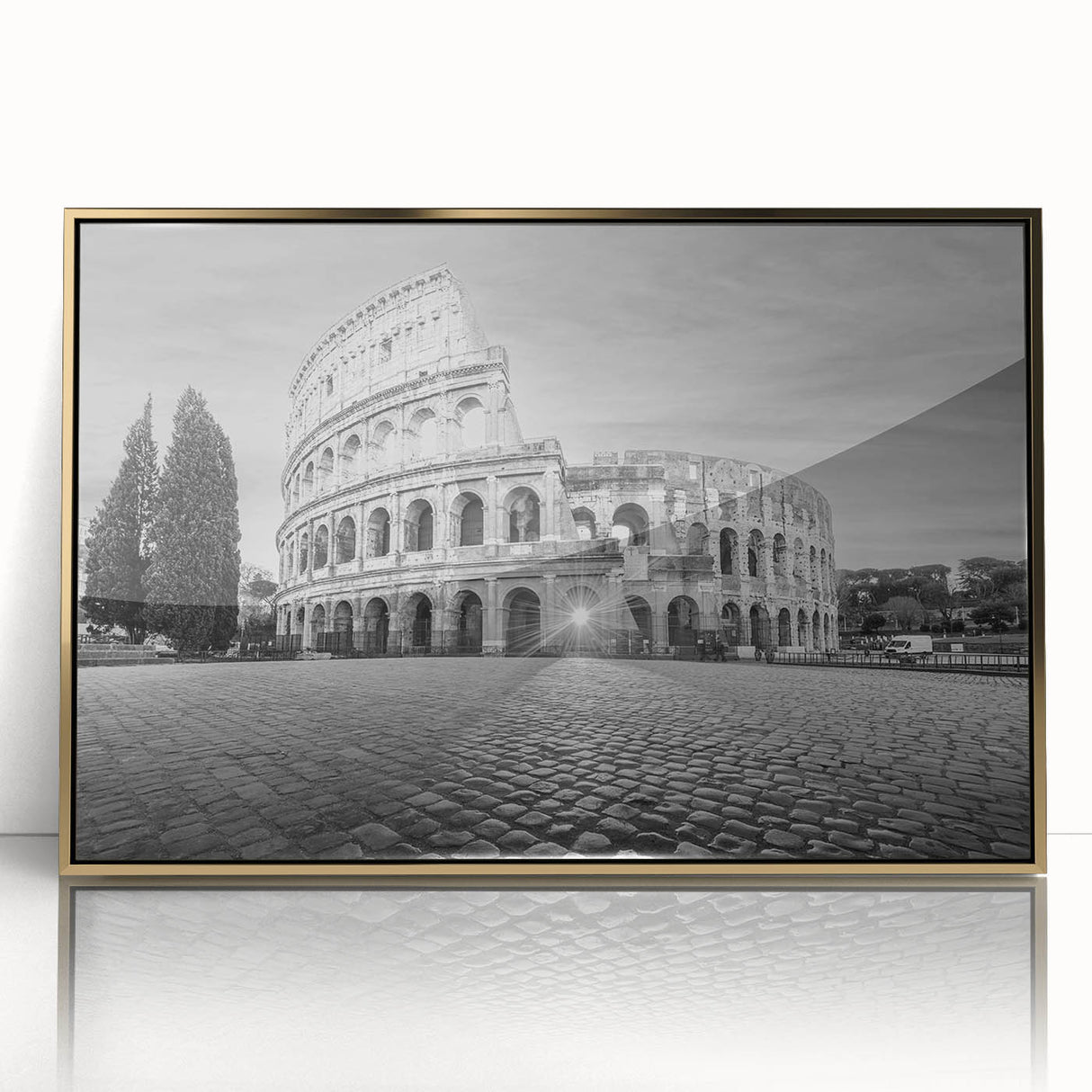 Acrylic print of ancient ruins in gold frame, featuring muted earth tones, ideal for modern art wall decor.