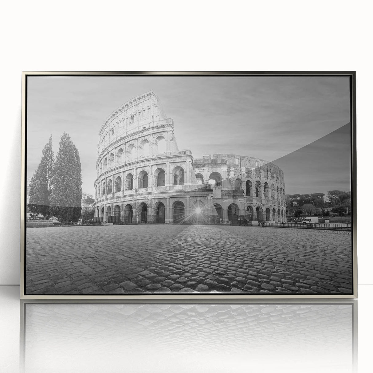 Mid-century modernist art of ancient ruins in muted earth tones, silver-framed acrylic, ideal for modern art wall decor.