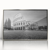 Mid-century modernist art of ancient ruins in muted earth tones, silver-framed acrylic, ideal for modern art wall decor.