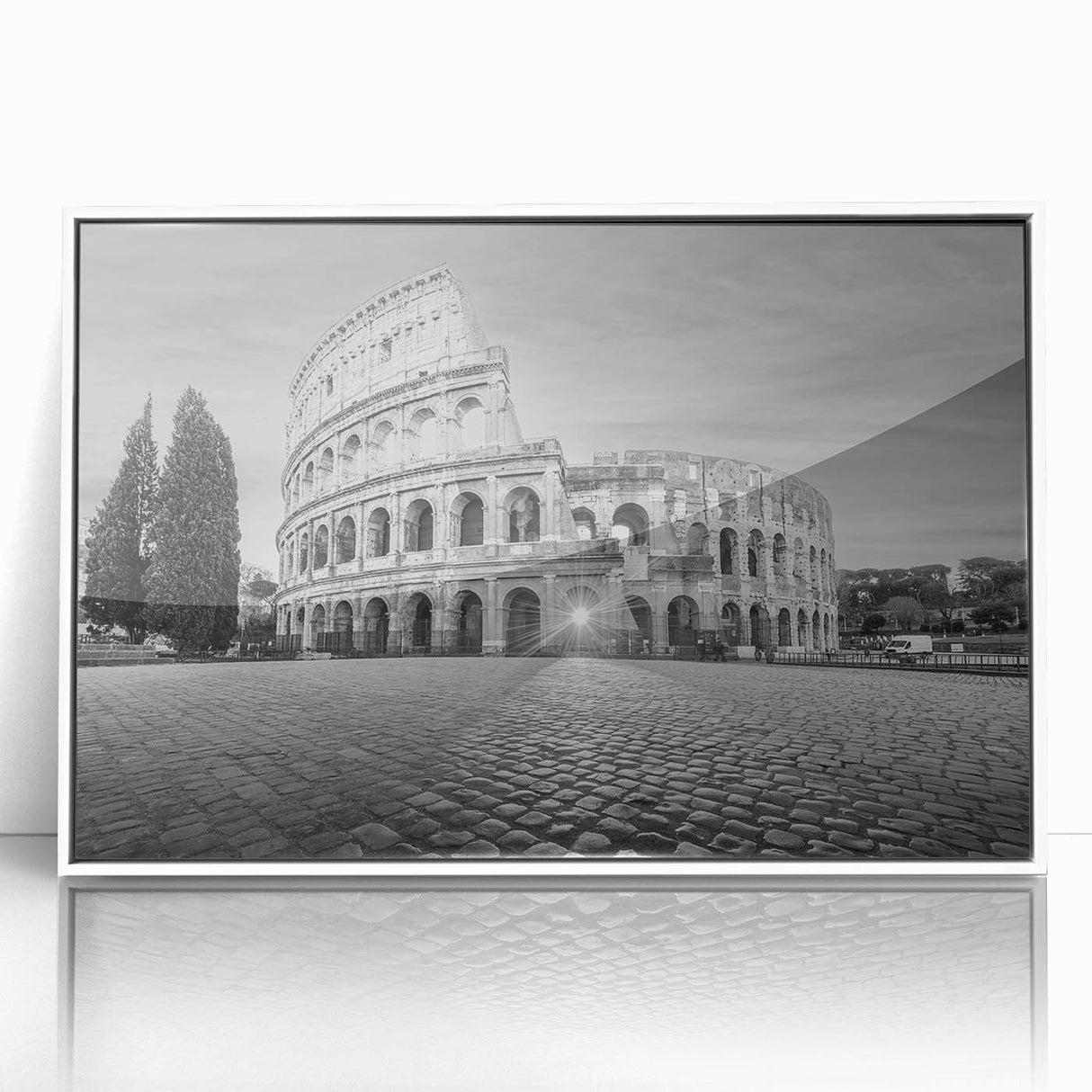 Art deco poster of ancient ruins in muted earth tones on framed acrylic, ideal for modern art wall decor.