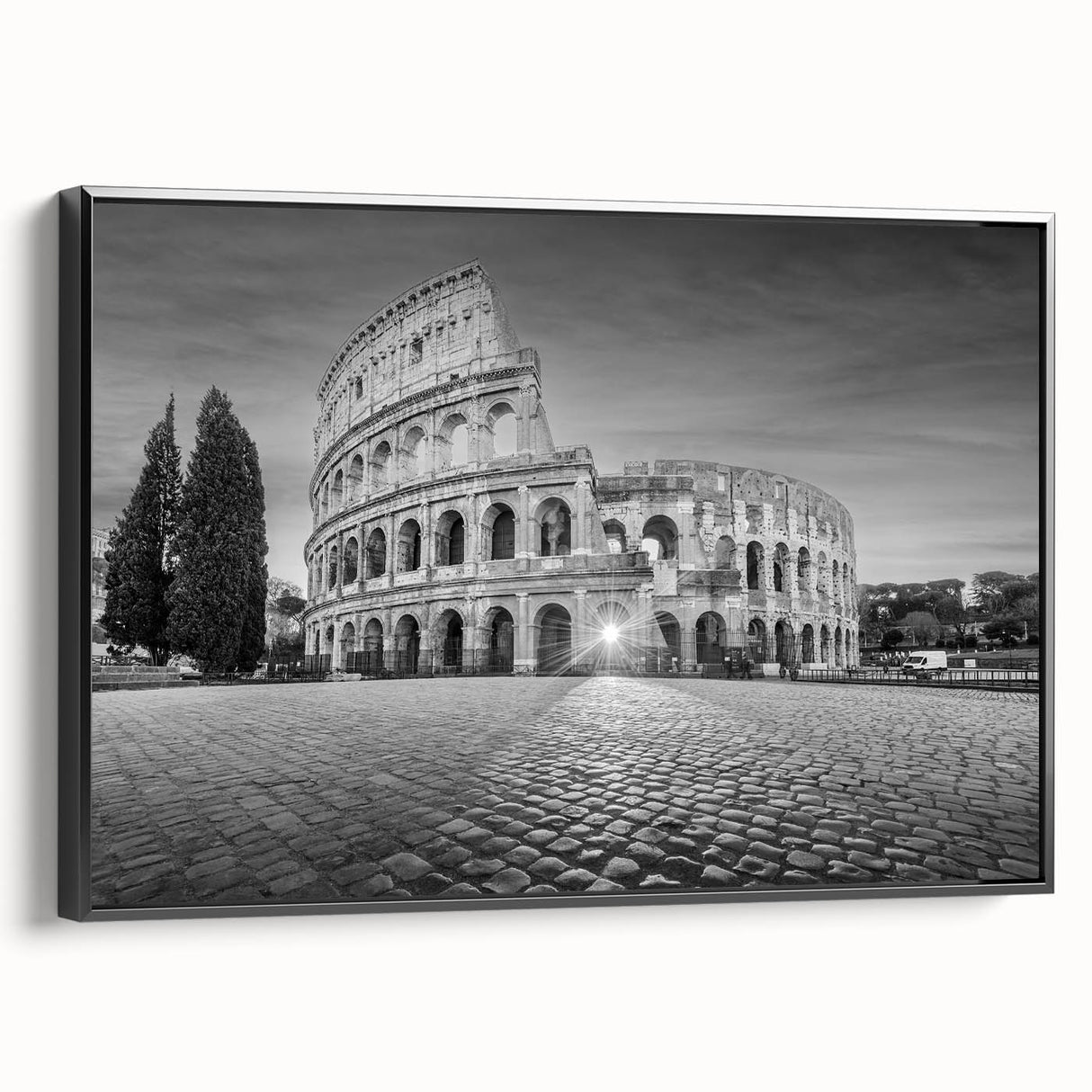 Black and white framed canvas of ancient ruins in a vintage poster style, ideal for bedroom wall decor.