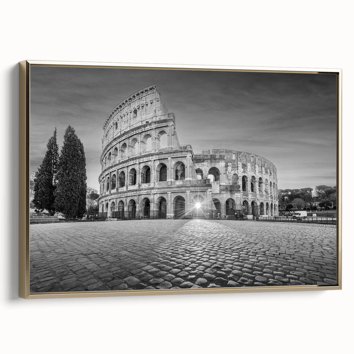 Framed canvas featuring a vintage poster of ancient ruins in black and gold, ideal for bedroom wall art.