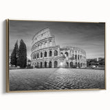 Framed canvas featuring a vintage poster of ancient ruins in black and gold, ideal for bedroom wall art.