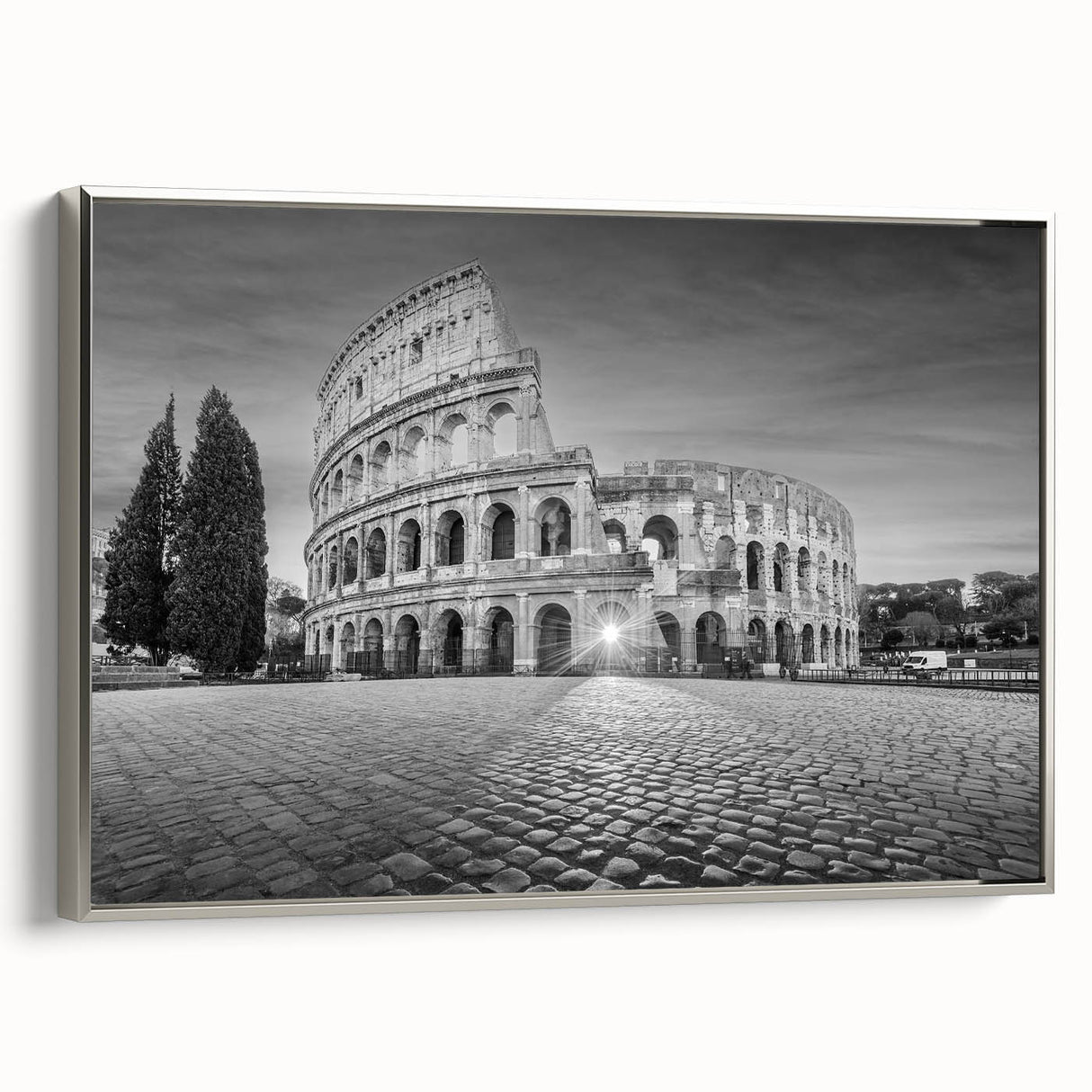 Framed canvas featuring a vintage poster art of ancient ruins in muted earth tones.