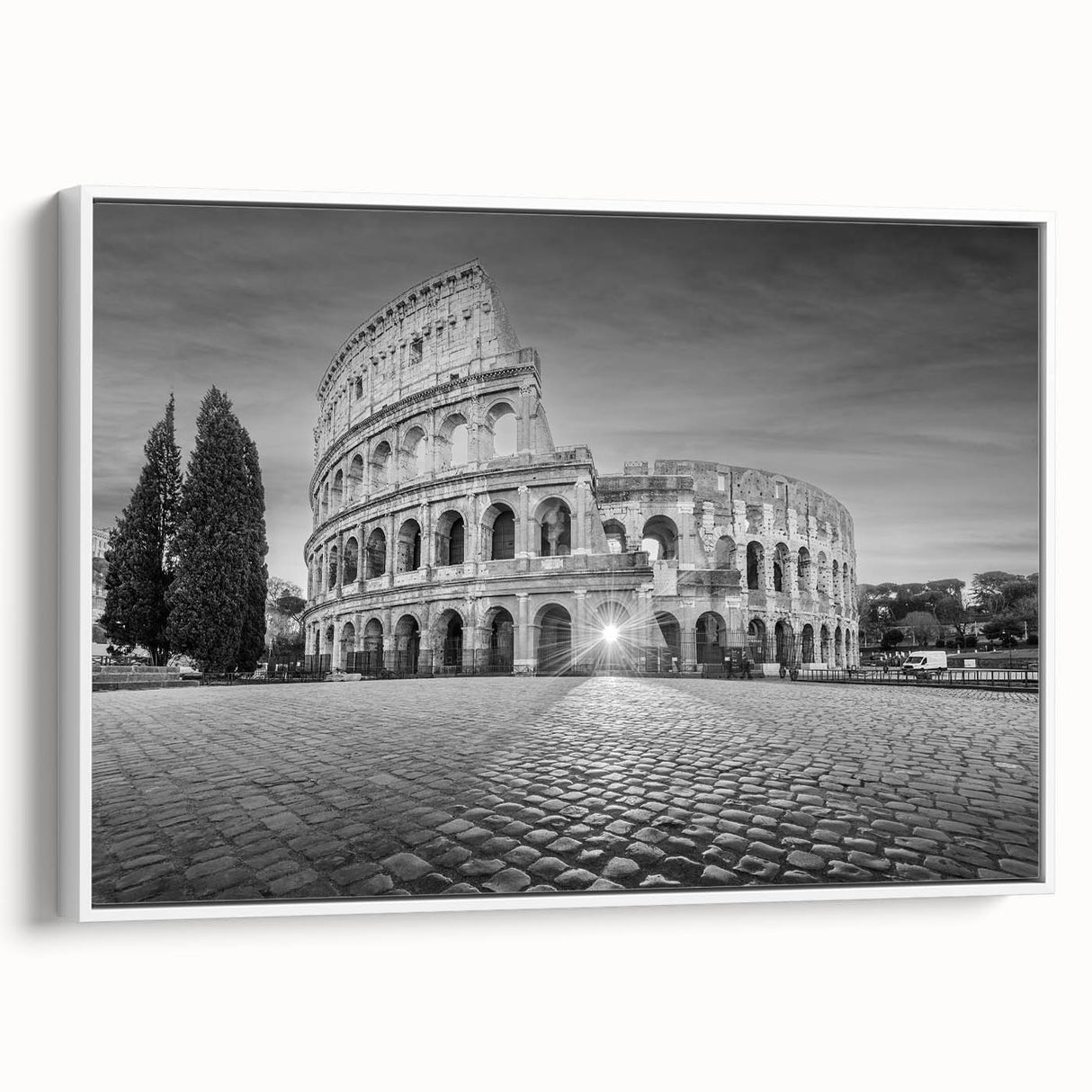Framed canvas of vintage poster art depicting ancient ruins in colorful tones, ideal for living room decor.