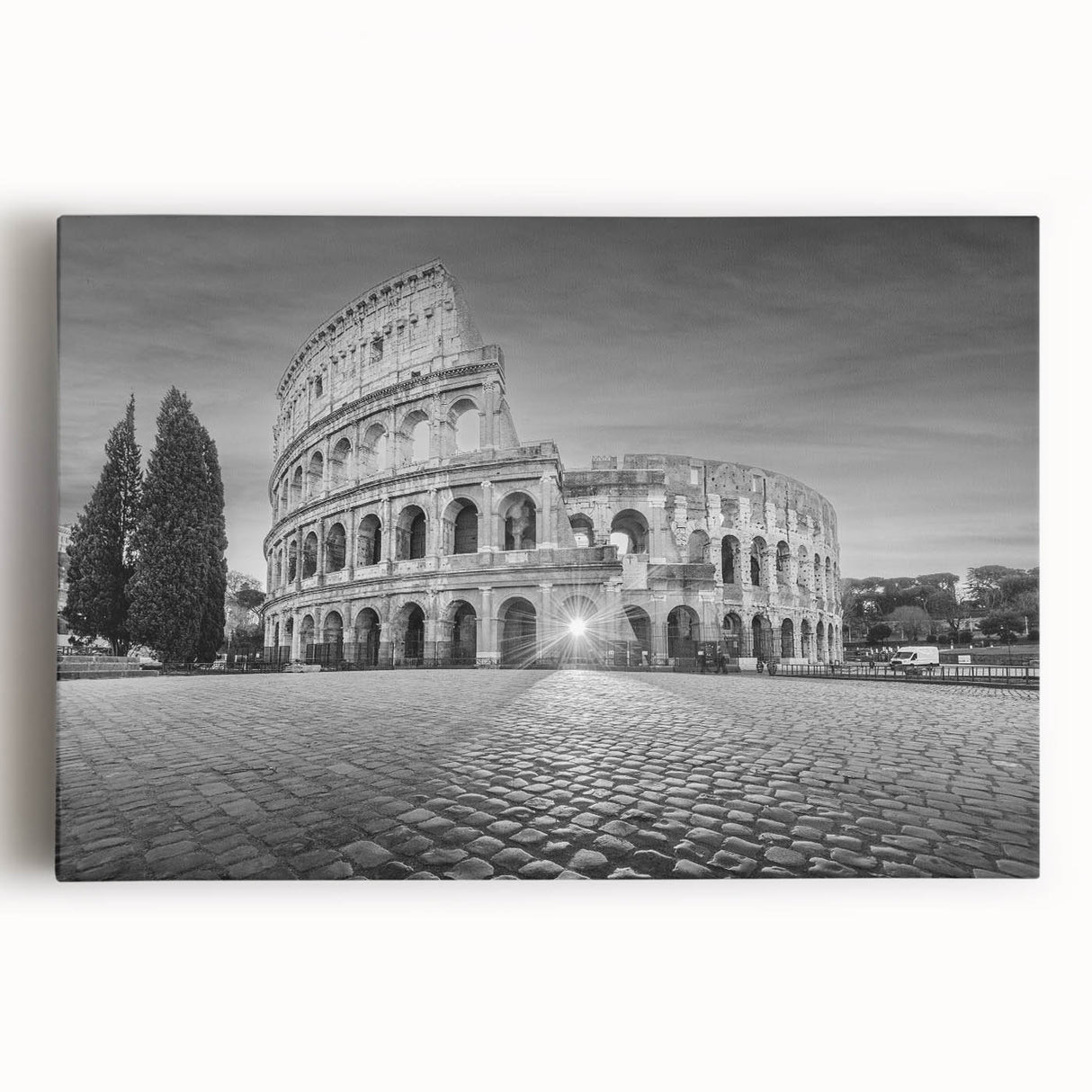 Black and white print of ancient ruins on a large stretched canvas, ideal for kitchen wall art or bedroom ambiance.