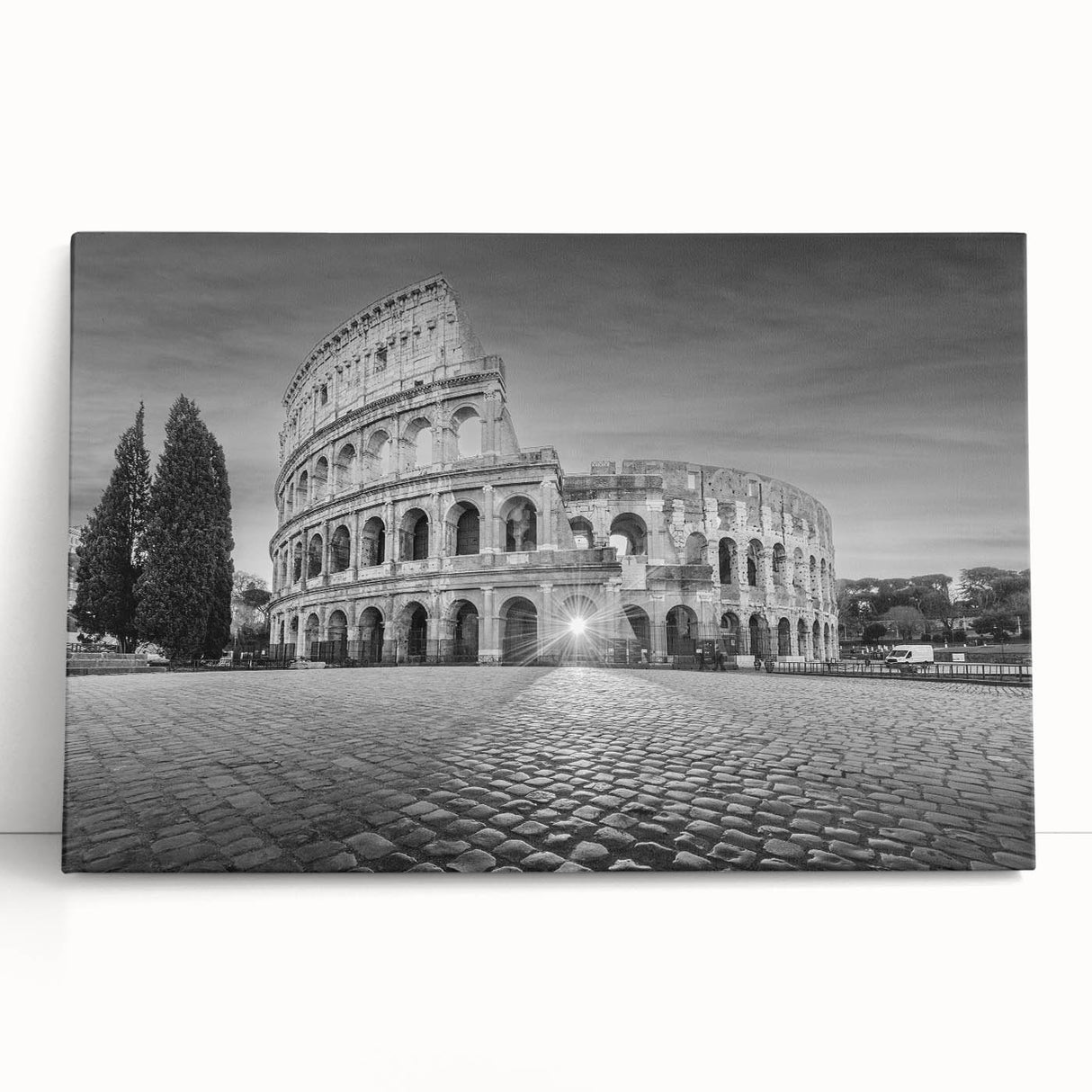 Black and white photo of ancient ruins on stretched canvas, ideal for kitchen wall art.