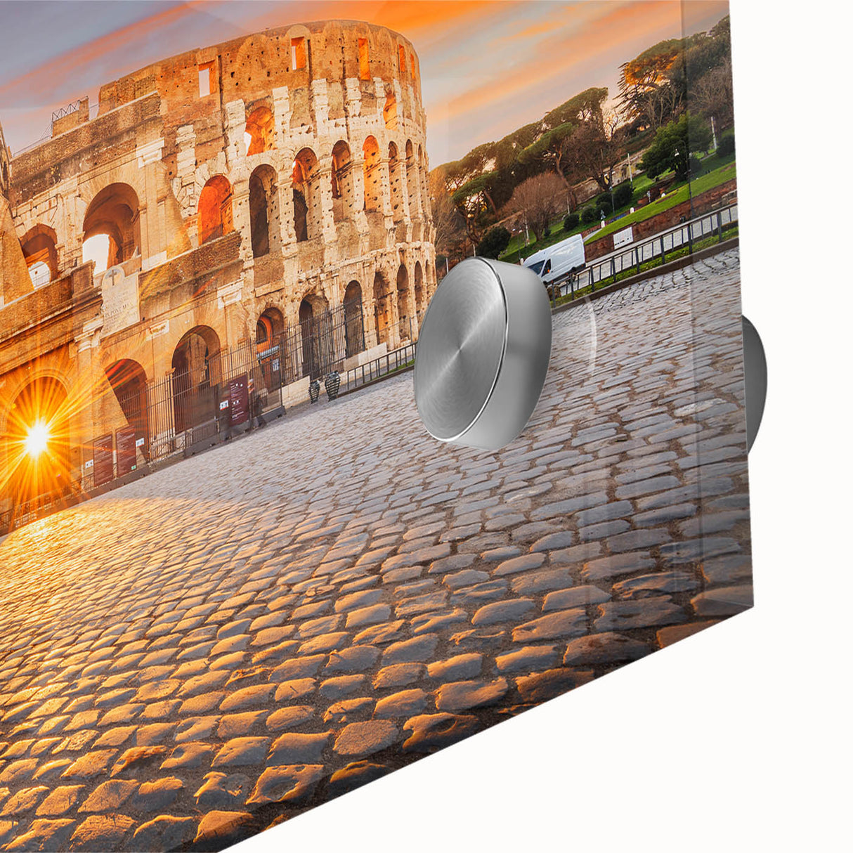 Acrylic print of large abstract wall art depicting ancient ruins in mid-century modernist style, suited for dining room art.