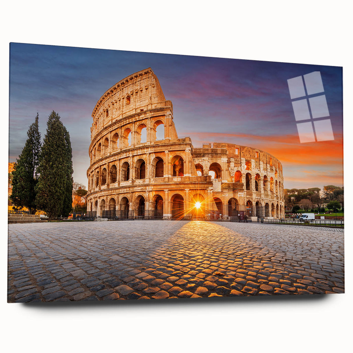 Acrylic print of ancient ruins in muted earth tones, suitable for bedroom or dining room decor.