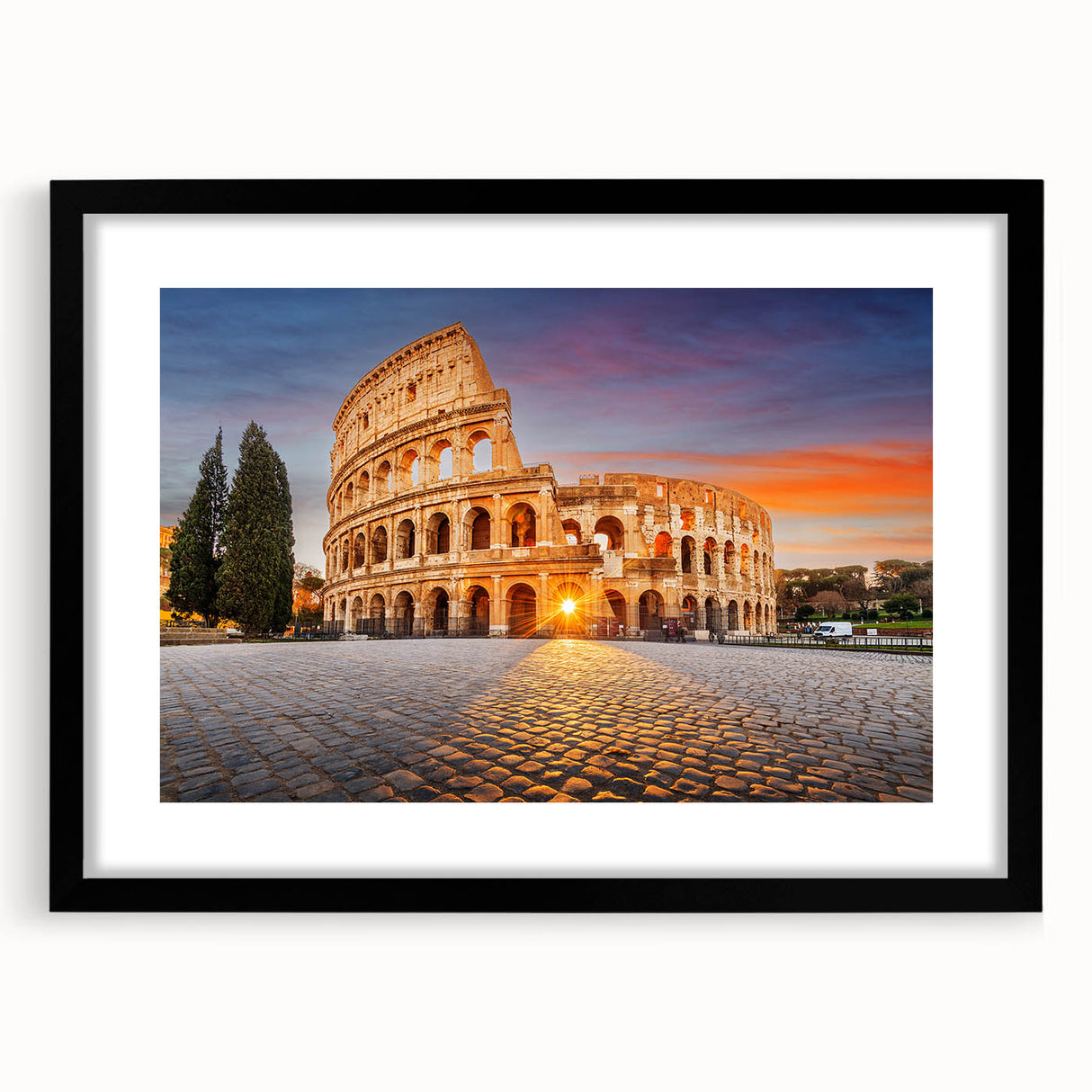 Textured abstract art print depicting colorful ancient ruins, presented in a large black frame with mat.